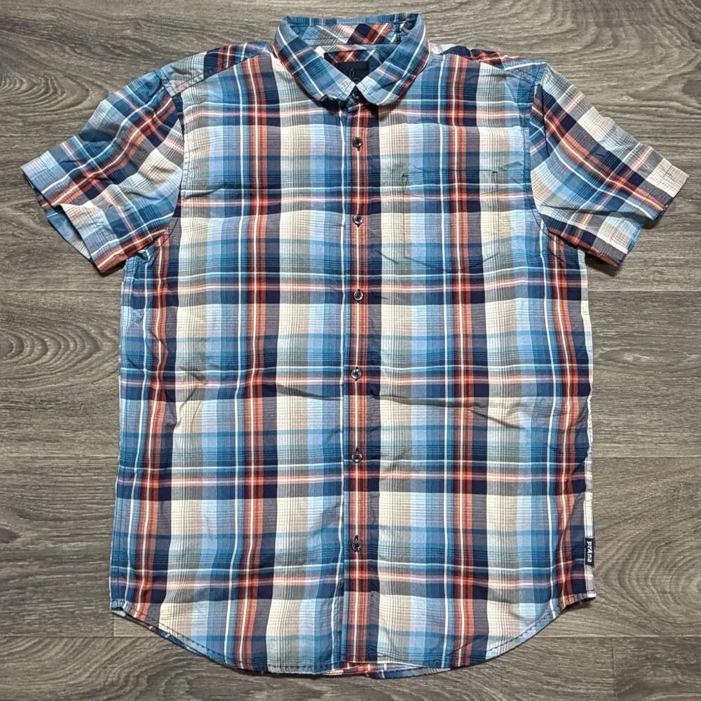 PrAna Mens Large Plaid Short Sleeve Button Down Shirt Lightweight Breathable